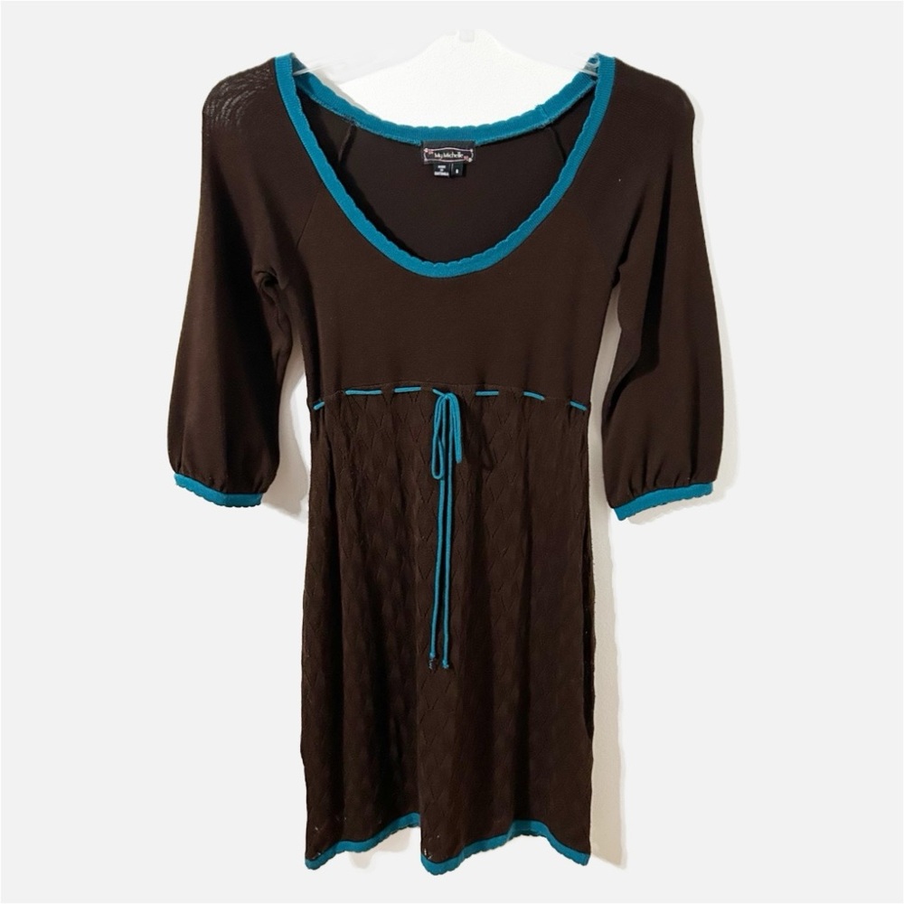 My Michelle Teal and Brown Light Knit Dress Scalloped Edged Hem Sleeves Neckline